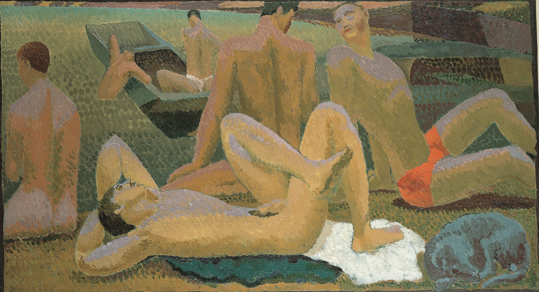 Duncan Grant, Bathers by the Pond (c.1920-1) Painting showing four men reclining naken of in bathing shorts beside a pond. One other man is in the water, hanging on to the edge of a small rowing boat, also containing another man.
