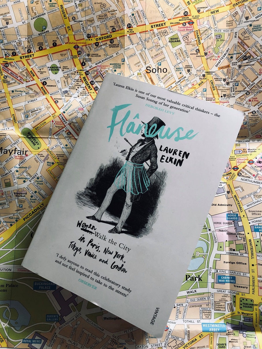 Flaneuse by Lauren Elkin Photograph of the book Flaneuse by Lauren Elkin against a map of London.