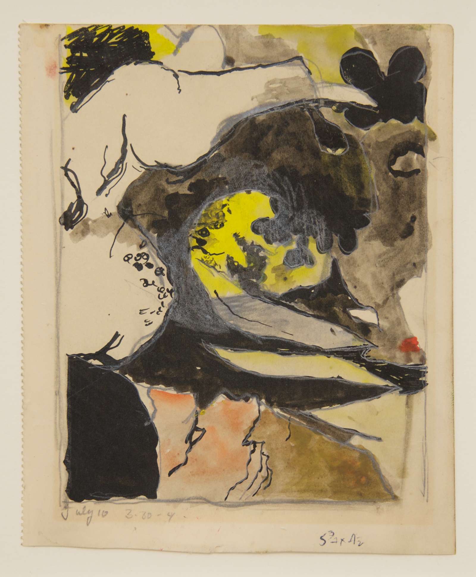 Graham Sutherland, July 10, 3.30-4, No.2 of Five Studies for 'Entrance to a Lane' (1939) Somewhat abstracted view of a country lane with pathes of black and grey representing shadows and trees with a yellow light in the distance.