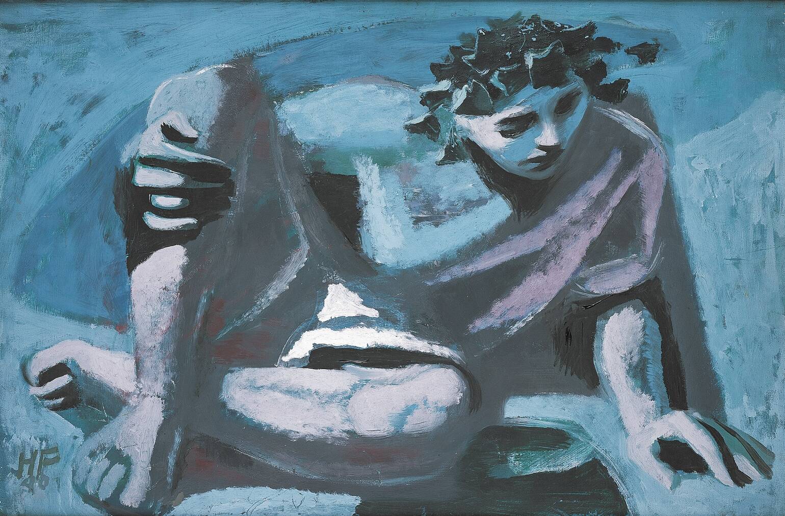 Blue toned painting of a young man with dark curly hair completely absorbed in looking at his reflection in an unseen pool at the bottom of the painting.