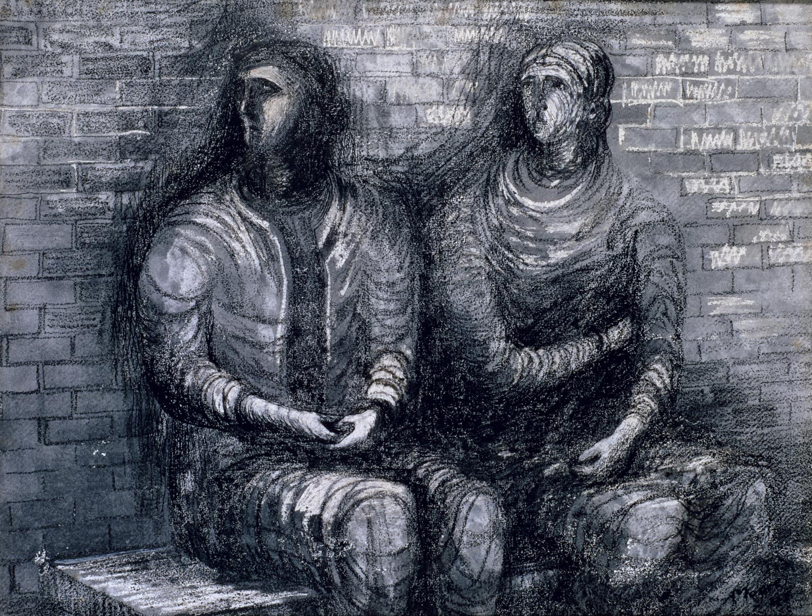 Henry Moore, Two Apprehensive Shelterers (1942) A black and white drawing showing two people huddled together on a bench looking worriedly towards picture left