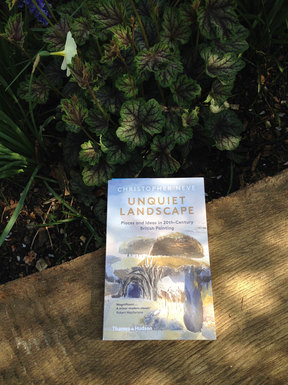 Unquiet Landscape book A photograph of the Unquiet Landscape book on a wooden bench against foliage in the background.