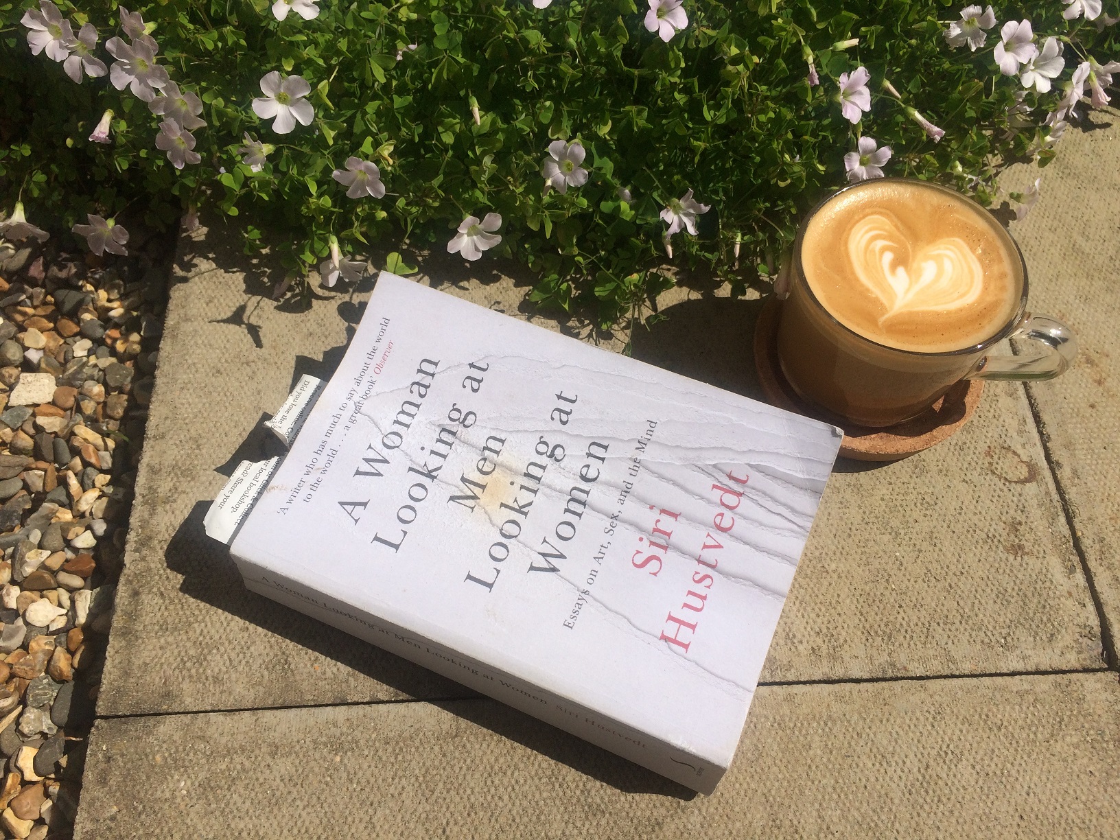 A Woman Looking at Men by Siri Hustvedt A photograph of the book 'Women LOoking at Men' by author Siri Hustvedt on a garden paving stone with a coffee and some plants.