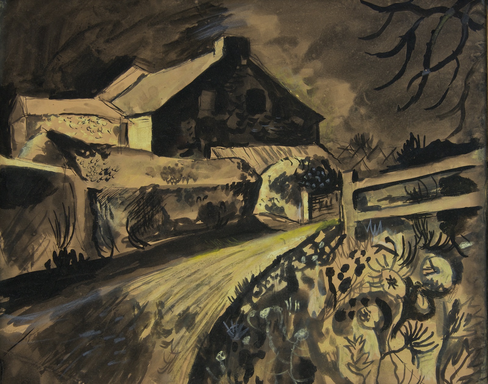 John Craxton, Alderholt Mill (1945) A view of a brick building from across a country lane in shades of brown, yellow and black