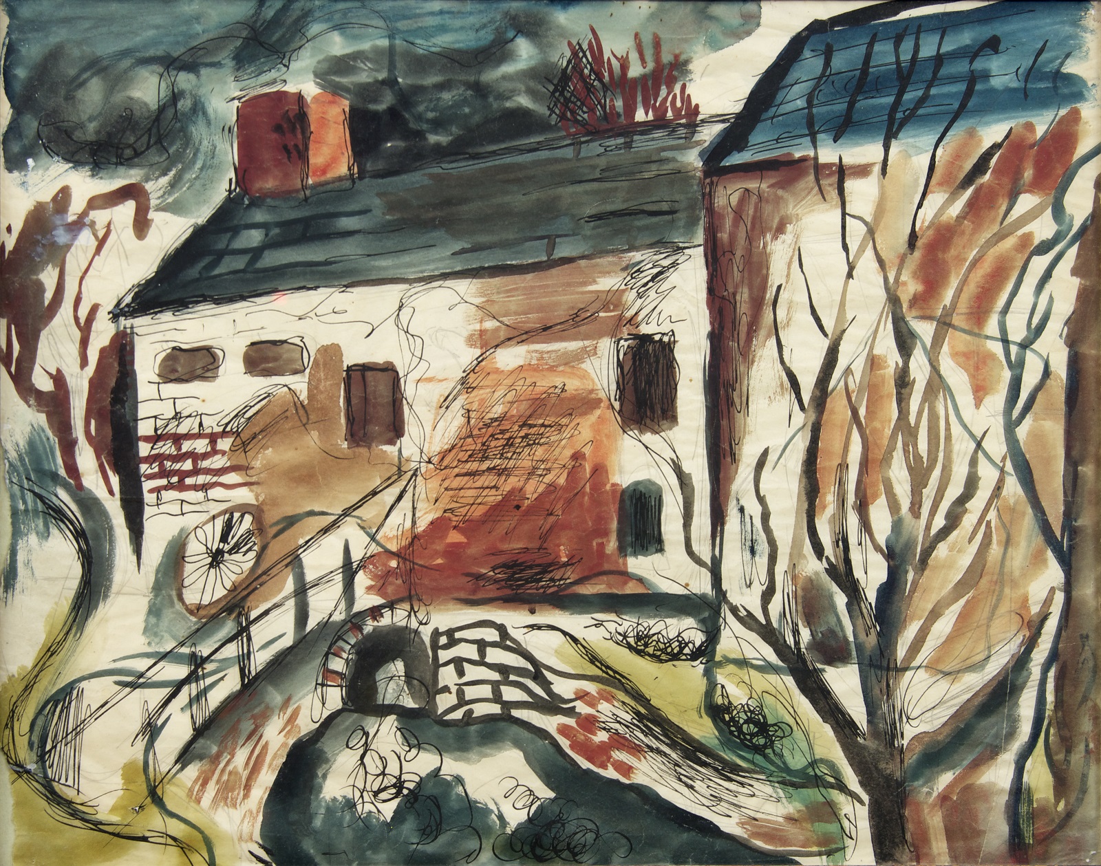 John Craxton, Alderholt Mill, (1945) A view of a small brick building seen from the other side of a small bridge over a stream