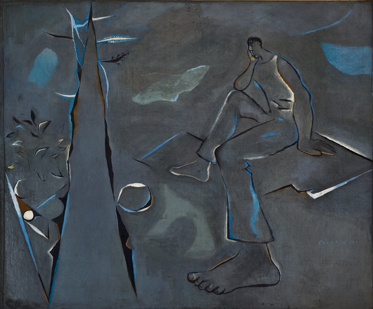 John Craxton, Figure in a Grey Landscape (1945) A dark grey painting showing a figure with out of proportionally large feet, sat with his cheek resting on one hand looking at some kind of fissure.