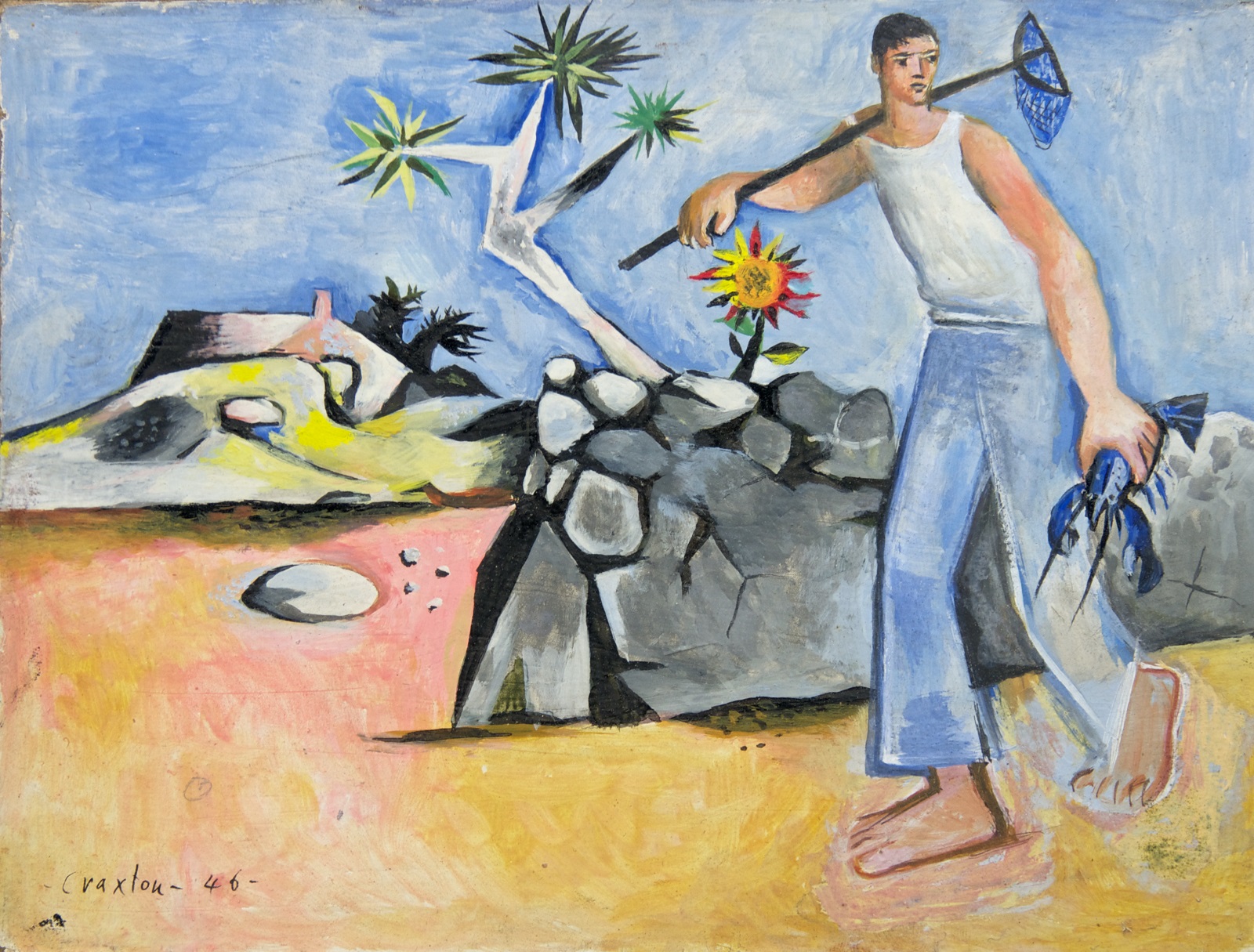 John Craxton, Greek Fisherman (1946) A man wearing blue trousers and a white vest top carrying a lobster net and carrying a blue lobster walks alongside a stone wall in an arid landscape.