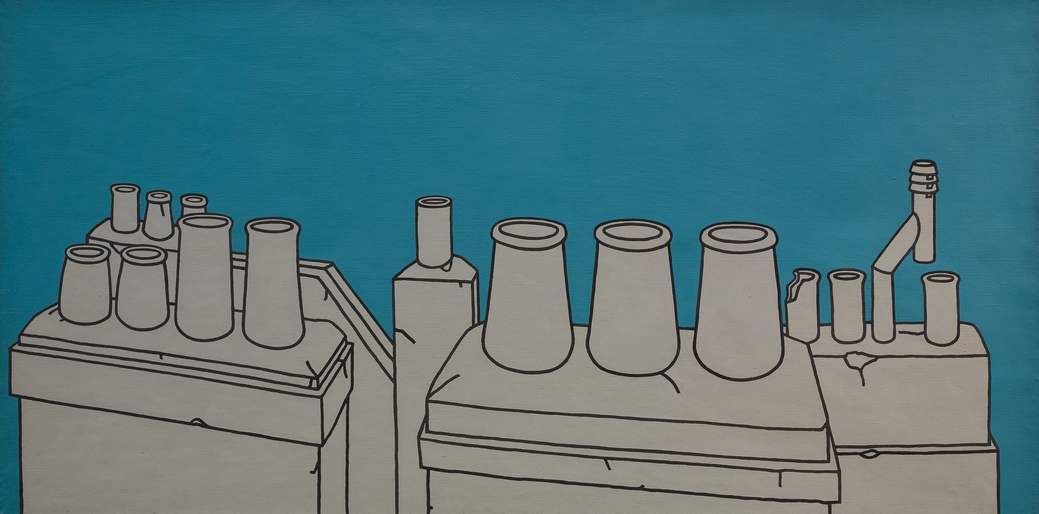 Patrick Caulfield, View of the Chimneys (1964) A view of chimney pots outlined in black and painted a flat grey colour against a teal background