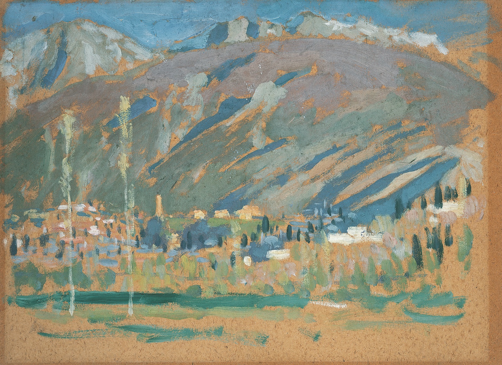 A rough painting depicting a a mountainous landscape with bare patches where the tan coloured paper underneath can be seen.