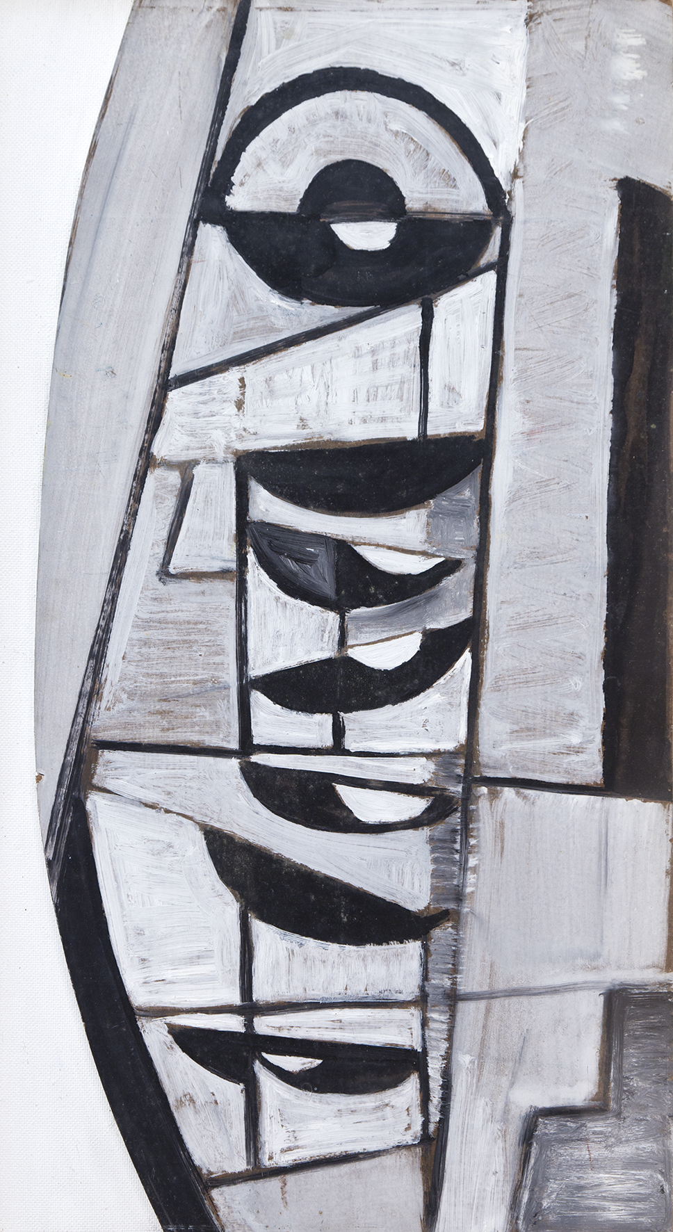 Terry Frost, Black and White Movement Artist (1954) Abstract black and white painting with rectangular and semi-circle shapes.