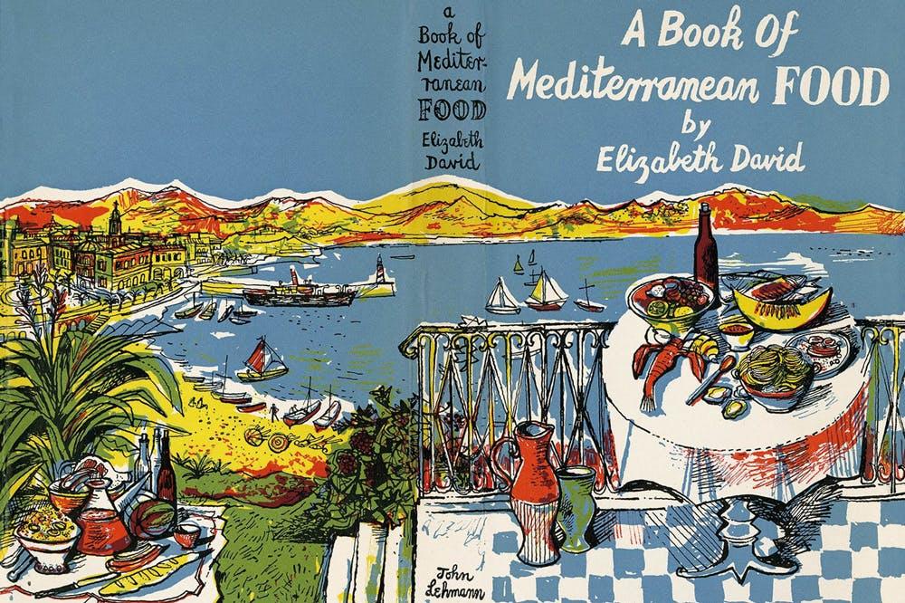 A Book of Mediterranean Food by Elizabeth David, cover designed and illustrated by John Minton A book cover showing a table laden with food sat above a sweeping Mediterranean bay