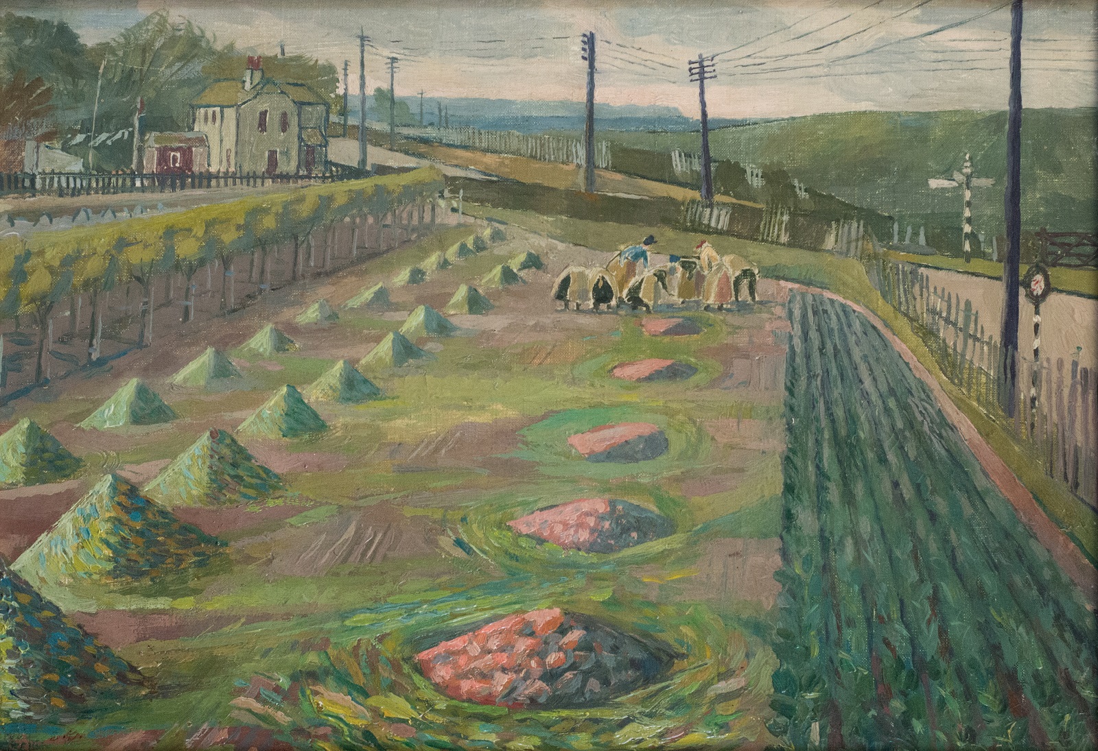 Evelyn Dunbar, Land Workers at Strood (1938) A field with furrowed rows and piles of crops with a group of women working in the distance