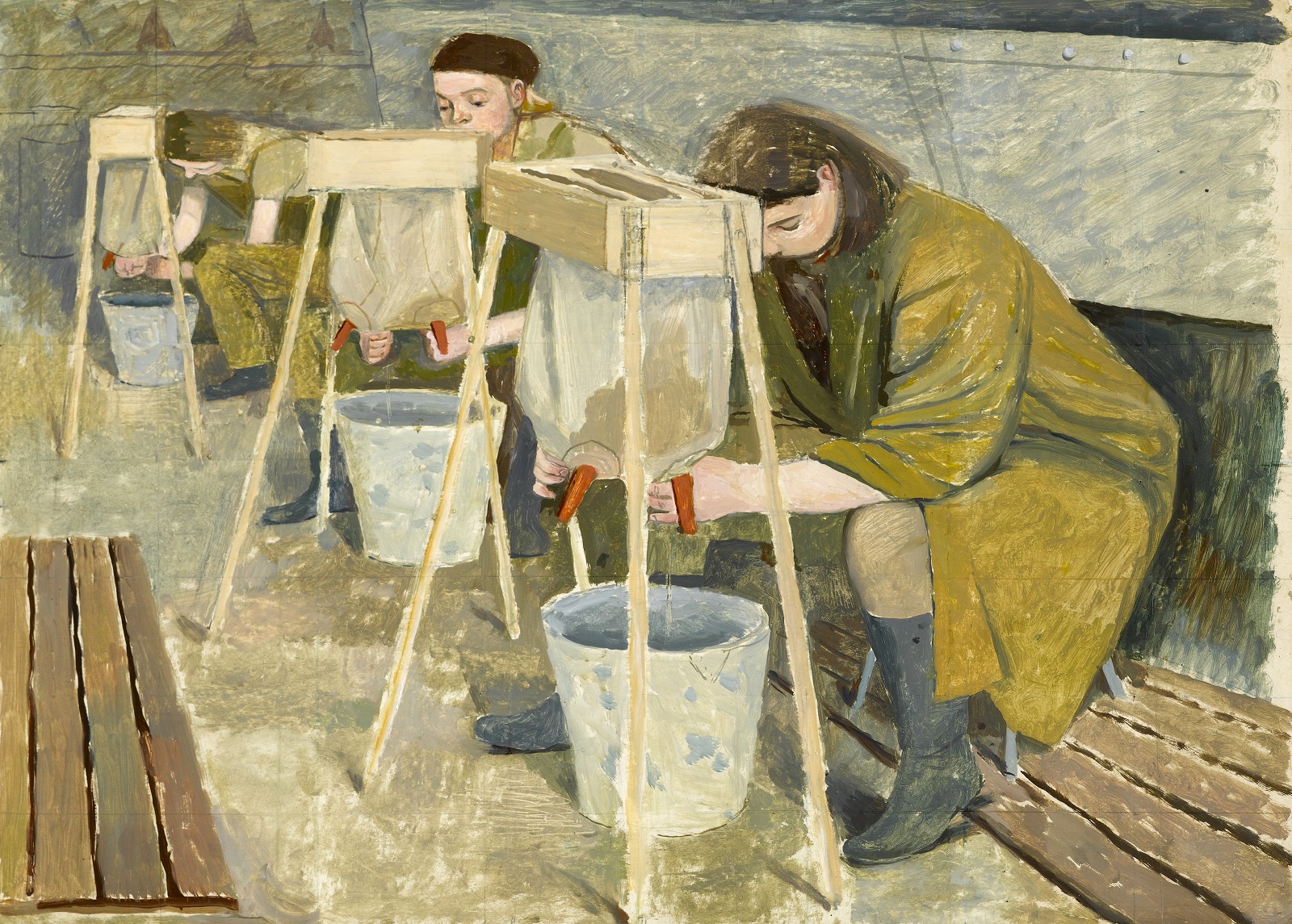 Evelyn Dunbar, Milking Practice with Artificial Udders (1940) Three women sit in a row on wooden benches dressed in olive green robe and practicing squeezing liquid from artificial udders into buckets