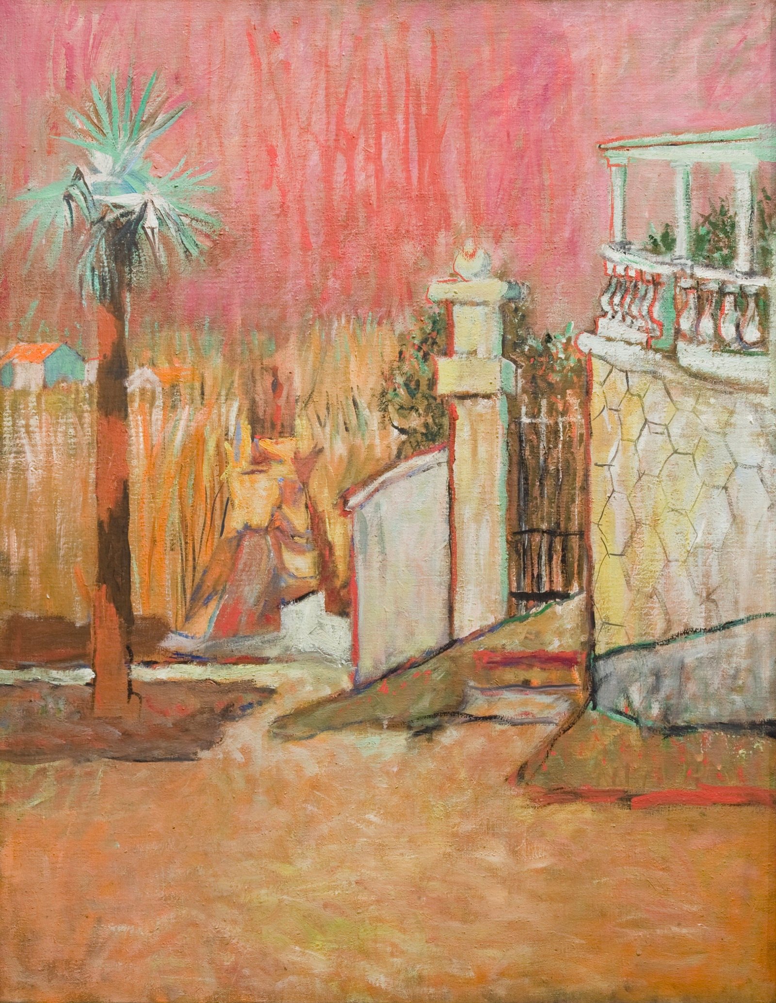 Graham Sutherland, Landscape in the South of France (1950c) A town scene in shades of red and orange with a single palm tree to the left and white stone walls and entranceway to a house to the right.