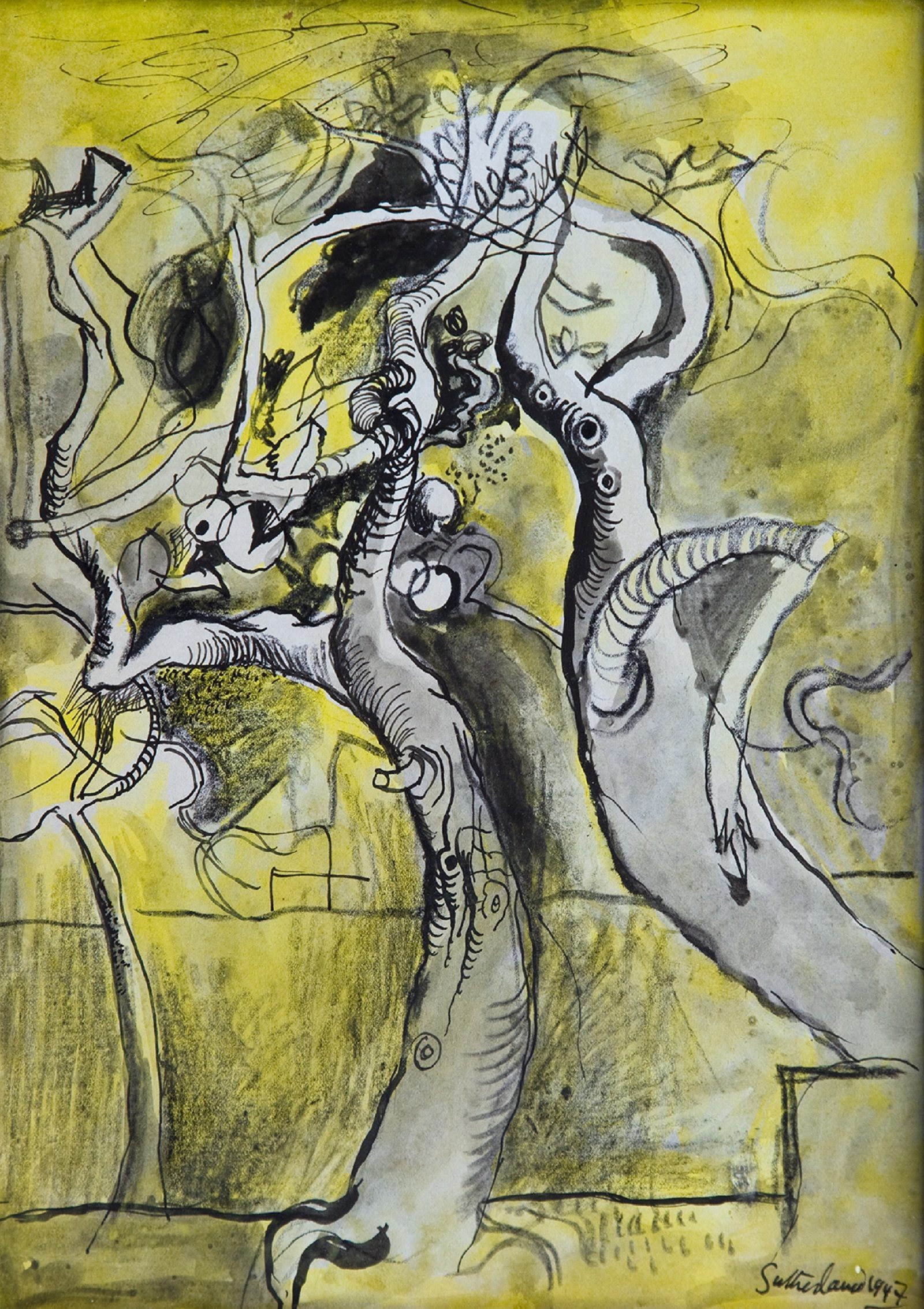 Graham Sutherland, Two Trees (1947) Two black and white trees devpoid of leaves and bending towards and away from each other against a yellow background