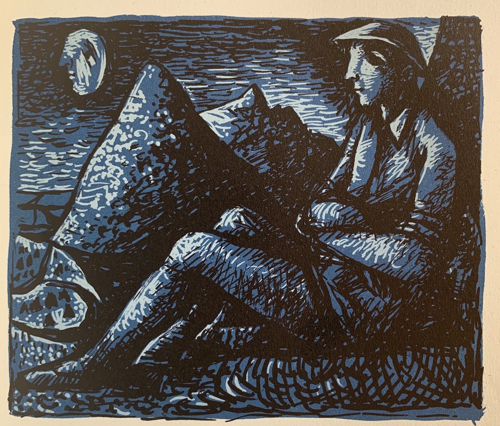 John Craxton, Poet and Moon, from 'The Poet's Eye' (1944) A young man sits in a field with mountain peaks in the background and a moon with a face to the left.