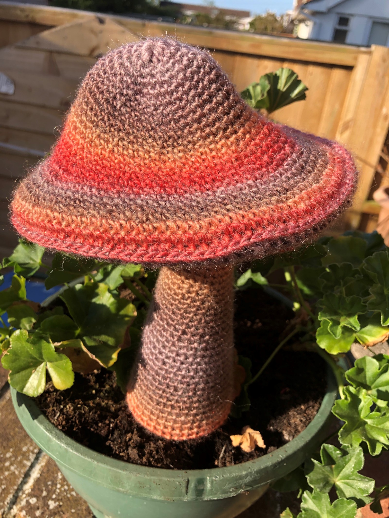 Julia Oaks, Magic Mushrooms A larger than life multi-coloured crocheted mushroom sits in a plant pot.
