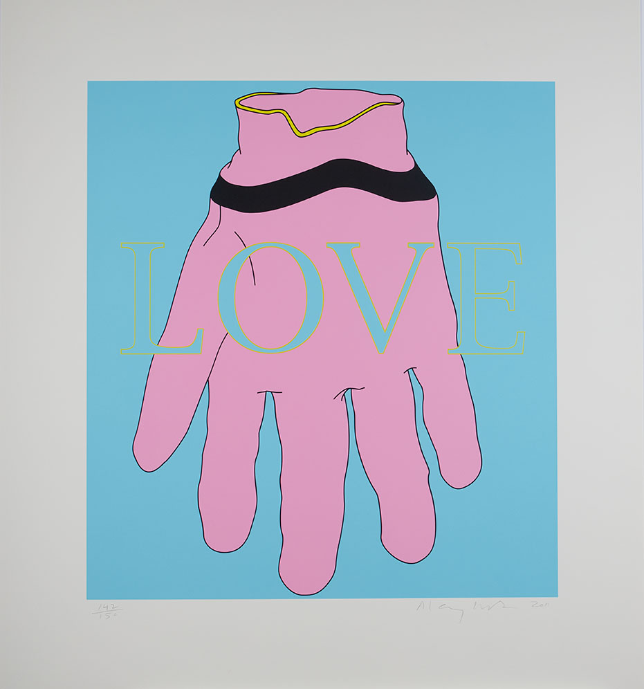 Pink glove Love text on blue background Michael Craig-Martin