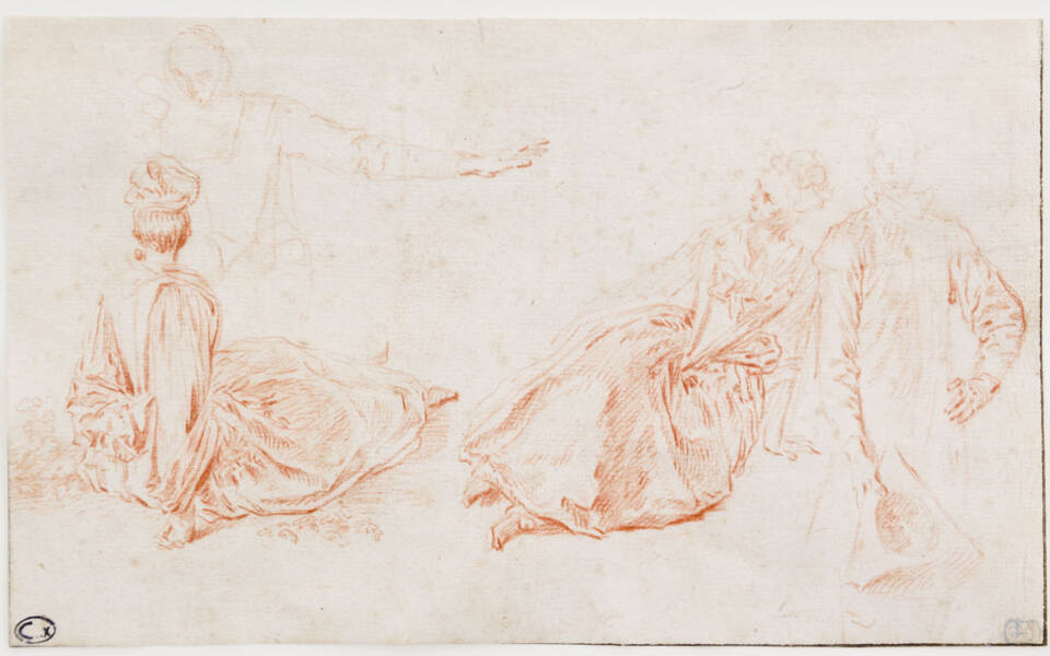 Jean Antoine Watteau, Etude de Quatres Personnages, avec Deux Femmes Assises
