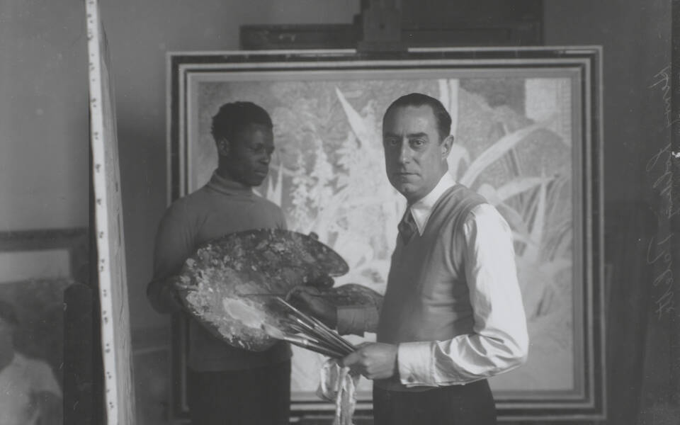 Glyn Philpot and Henry Thomas standing in the studio at Baynards Manor in front of Garden in Nice, 1934